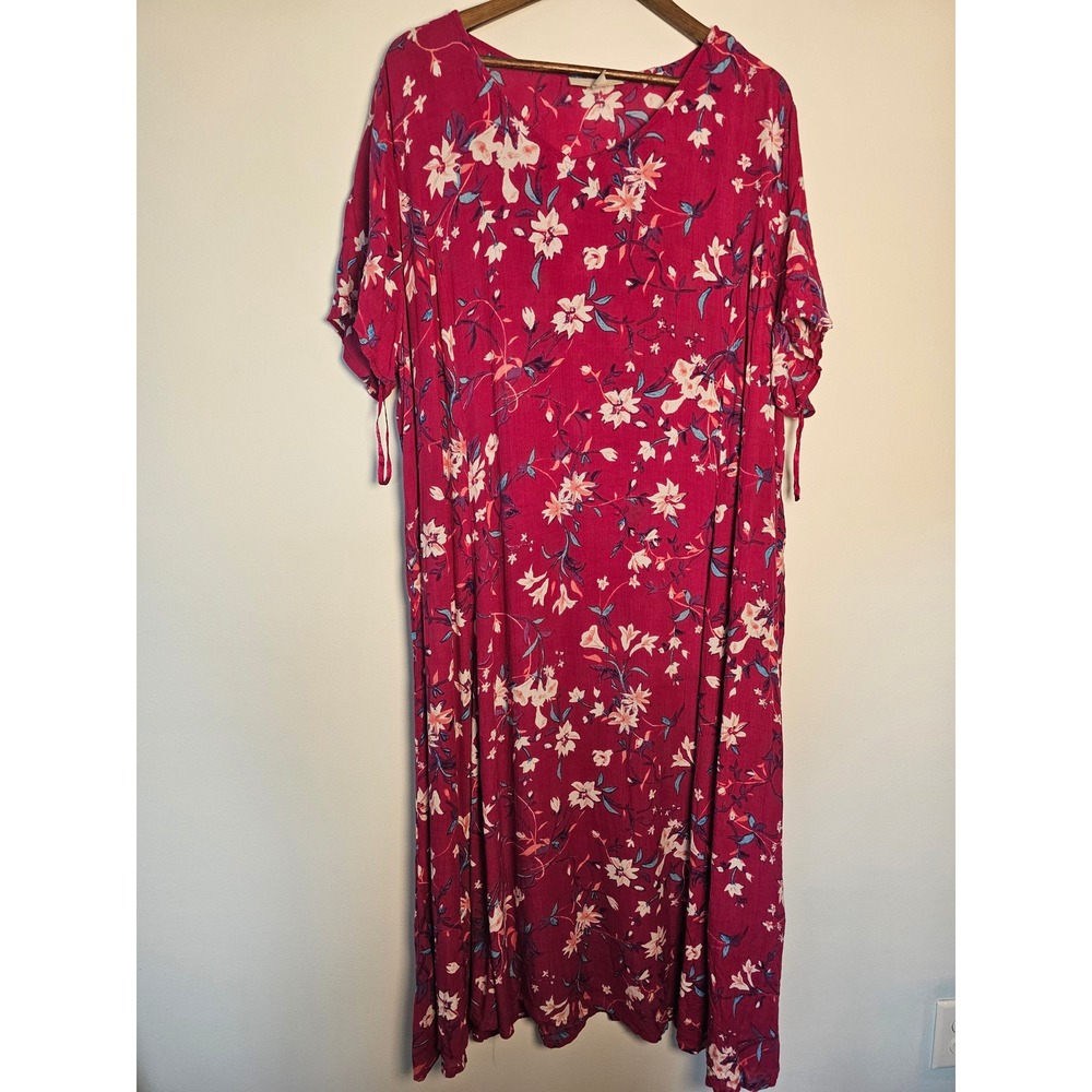 Cottagecore Woman Within Floral Midi Dress Womens 1X 22/24 Fuchsia Pink Boho Tie